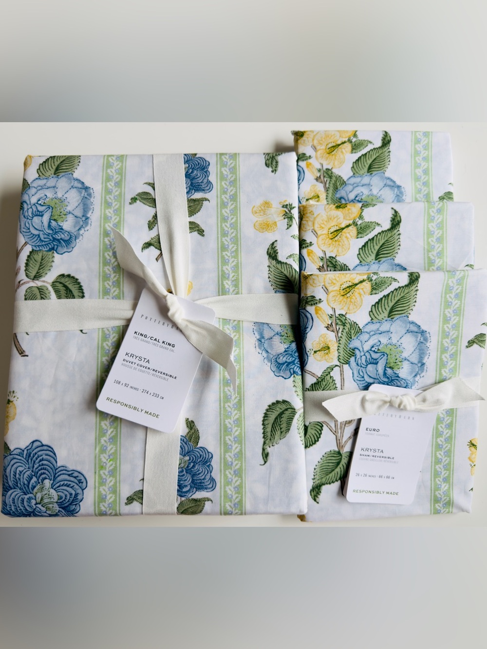 Pottery Barn K/CK Krysta Floral Reversible Percale Duvet Cover, Euro Shams, NWT